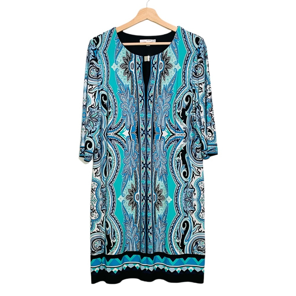 Resort Wear Studio One Blue Paisley Midi Dress Size XL Petite Artsy Groovy